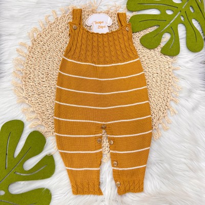 Jardineira Longa de  Linha - Mostarda com Listras Brancas